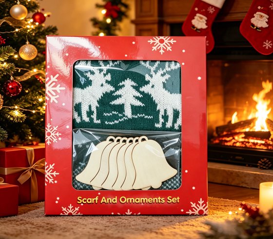 Christmas Scarf And Wooden Ornaments Gift Set