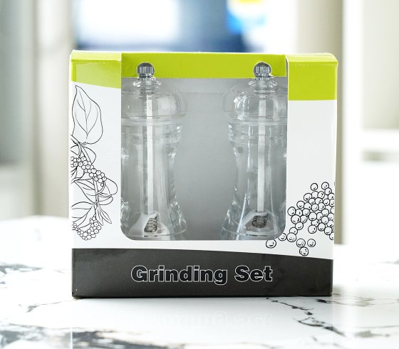 CLEAR ACRYLIC SALT AND PEPPER GRINDER SET ADJUSTABLE COARSENESS SPICE MILL