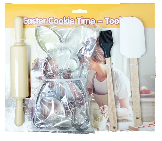 Holiday Gift set/Easter Bunny Stainless Steel Cookie Cutter Set Mini Rolling Pin Wood Handle Basting Brush & Silicone Spatula Baking Tool Kit