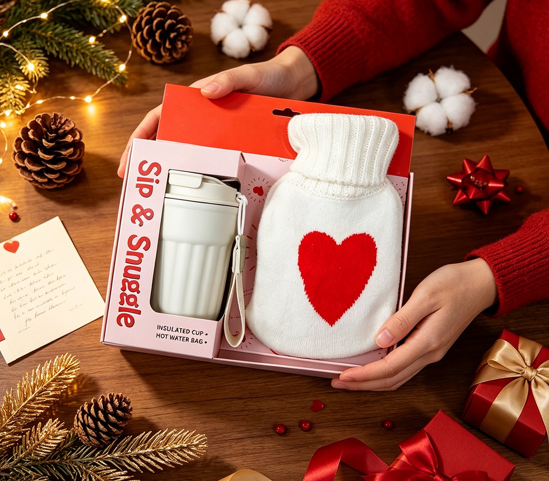 With plush hot water bottle and portable insulated cup (2)