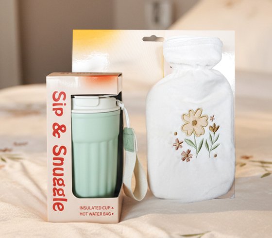 Sip & Snuggle Gift Set Hot Water Bottle With Plush Cover & Travel Insulated Cup, Mix & Match Styles