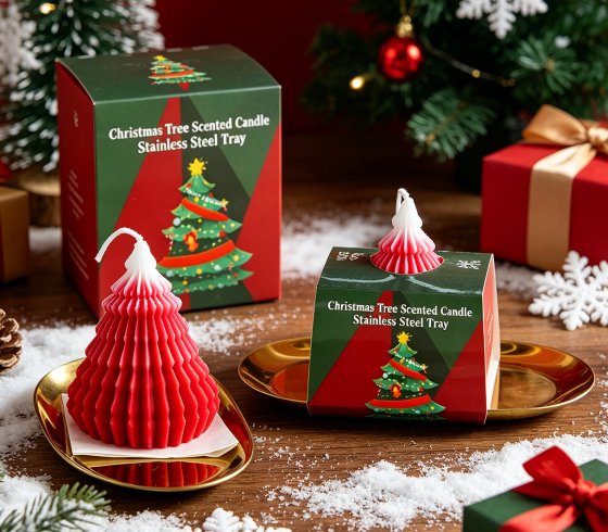 Gradient Red Christmas Tree Scented Candle With Metal Tray Festive Decor Candle Holiday Gift Box