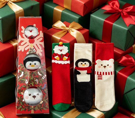 Christmas Cartoon Santa Penguin Bear Cotton Crew Socks 3 Pairs Gift Box Holiday Present Sock Set